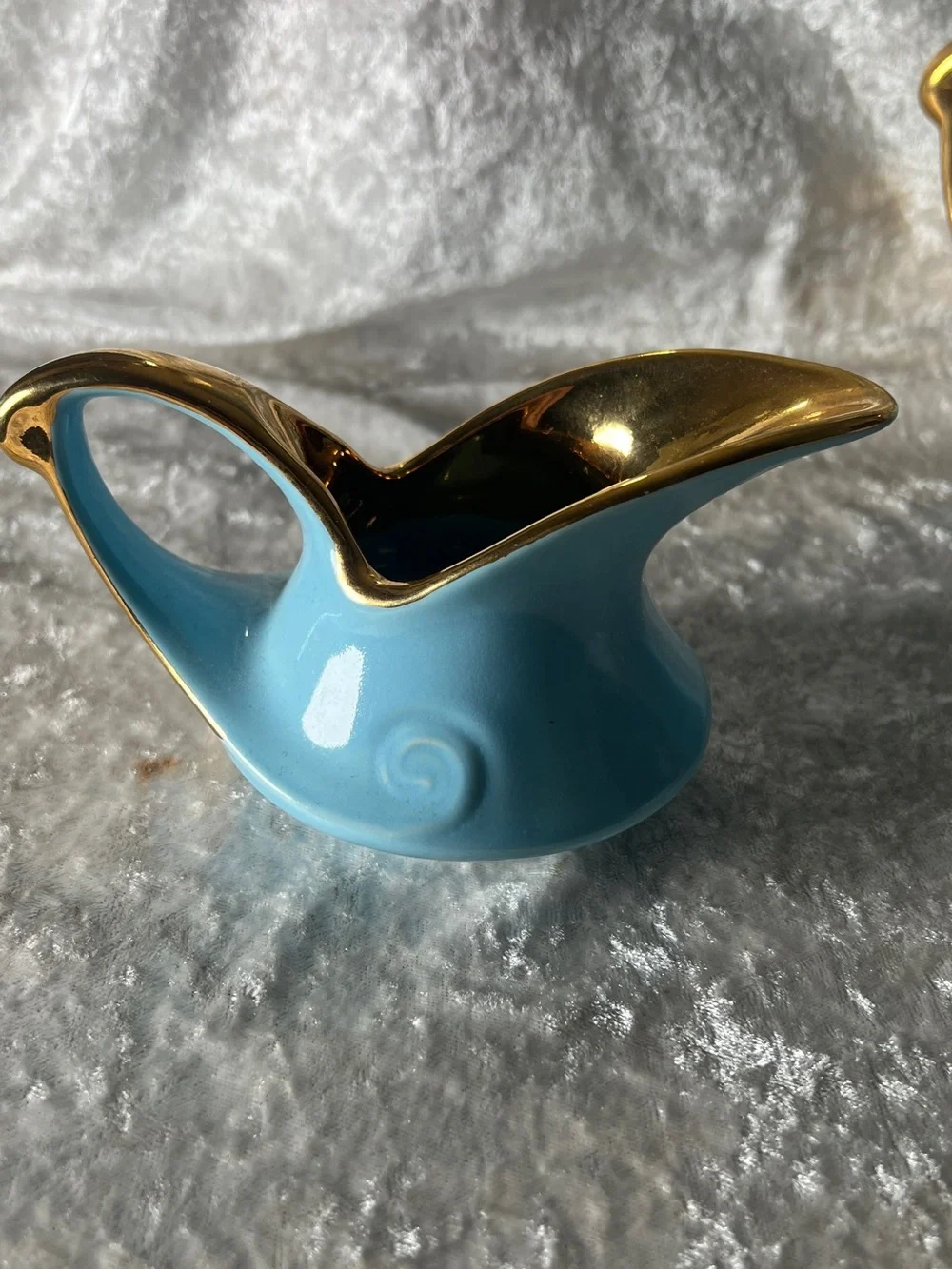 Blue Ceramic Teapot and Creamer Set with Gold Trim